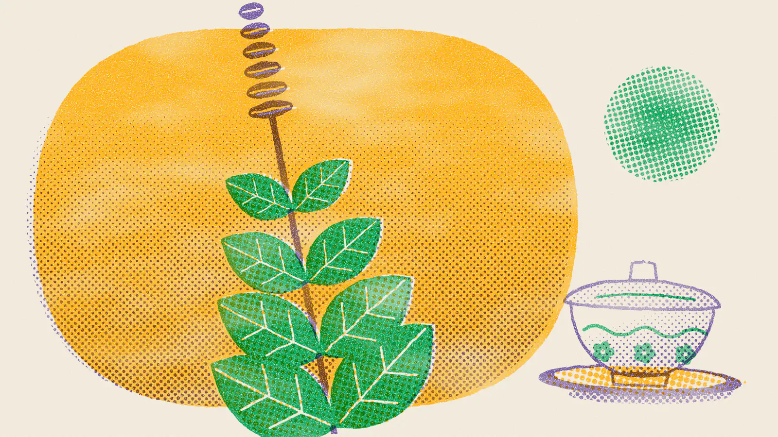 Risograph-style illustration: 10 Holy Basil Tea Benefits (Tulsi Tea)