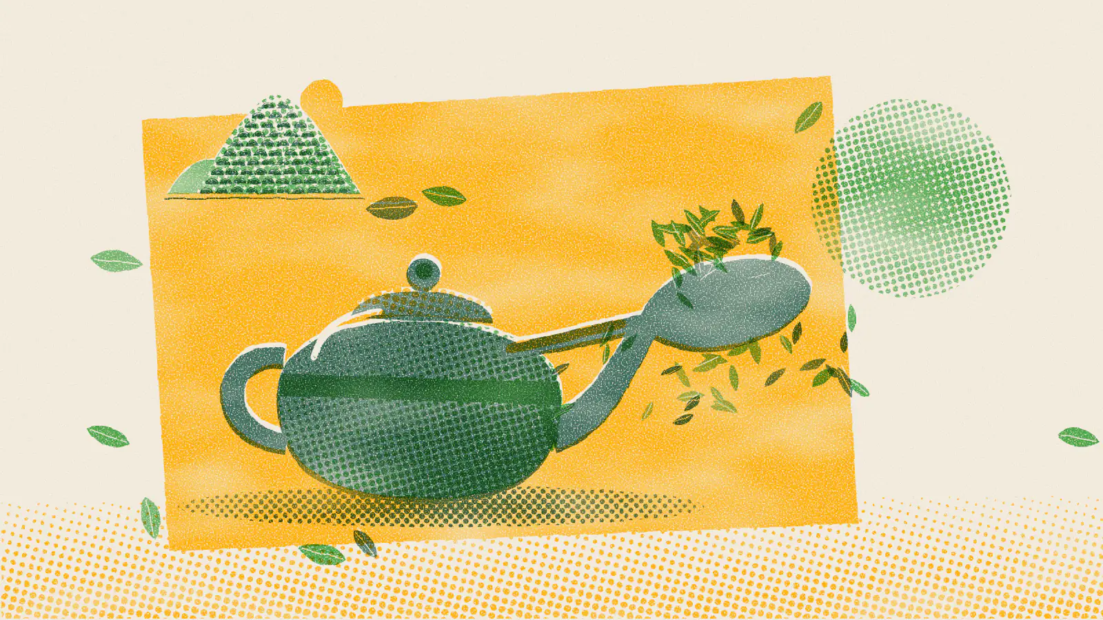 Risograph-style illustration: 5 Teas From the Same Plant as Green Tea