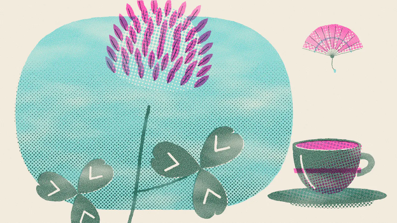 Risograph-style illustration: 7 Teas for Hot Flashes: Natural Relief Options