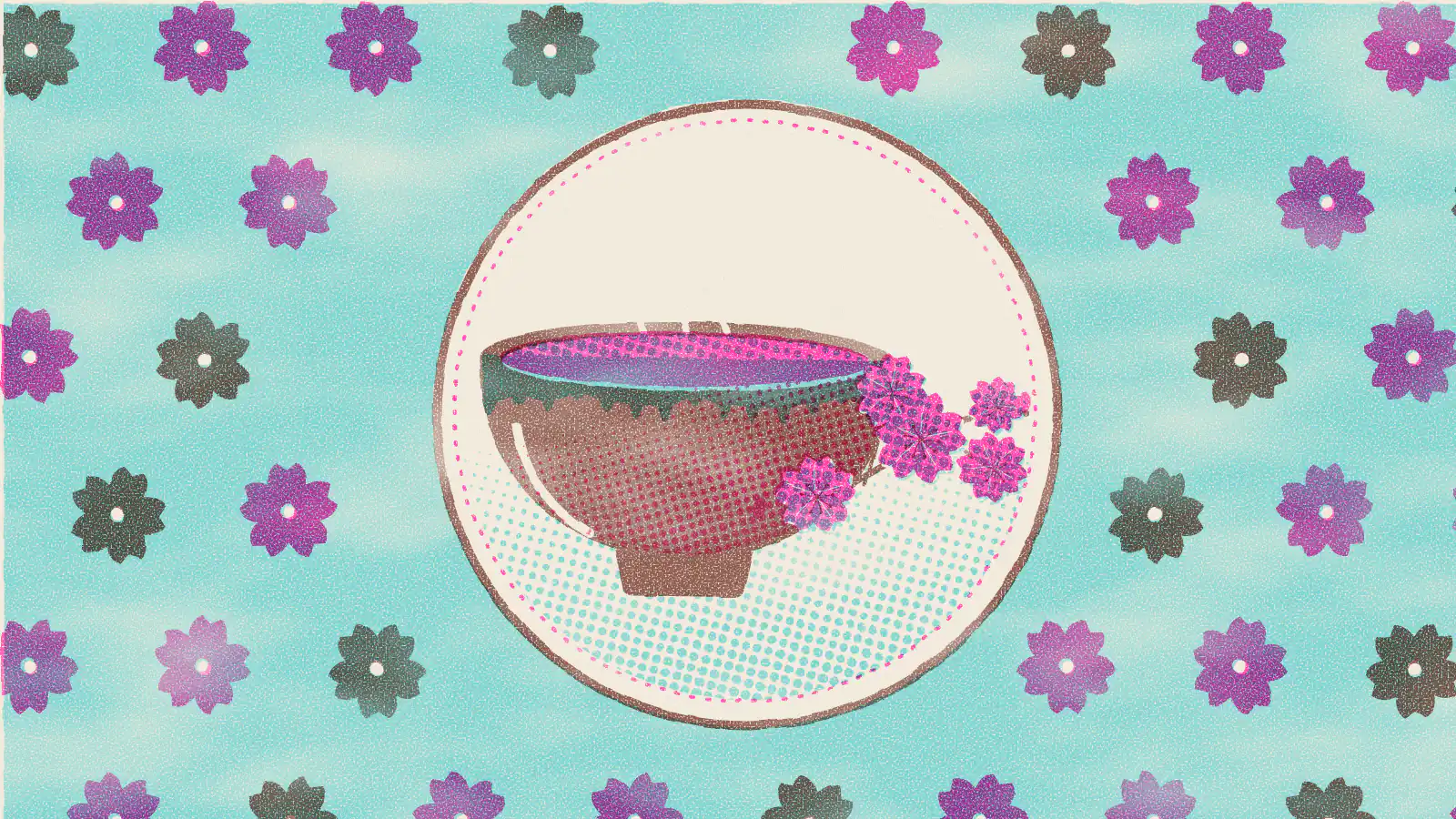 Risograph-style illustration: Cherry Blossom Tea: Benefits, Flavor and Tradition