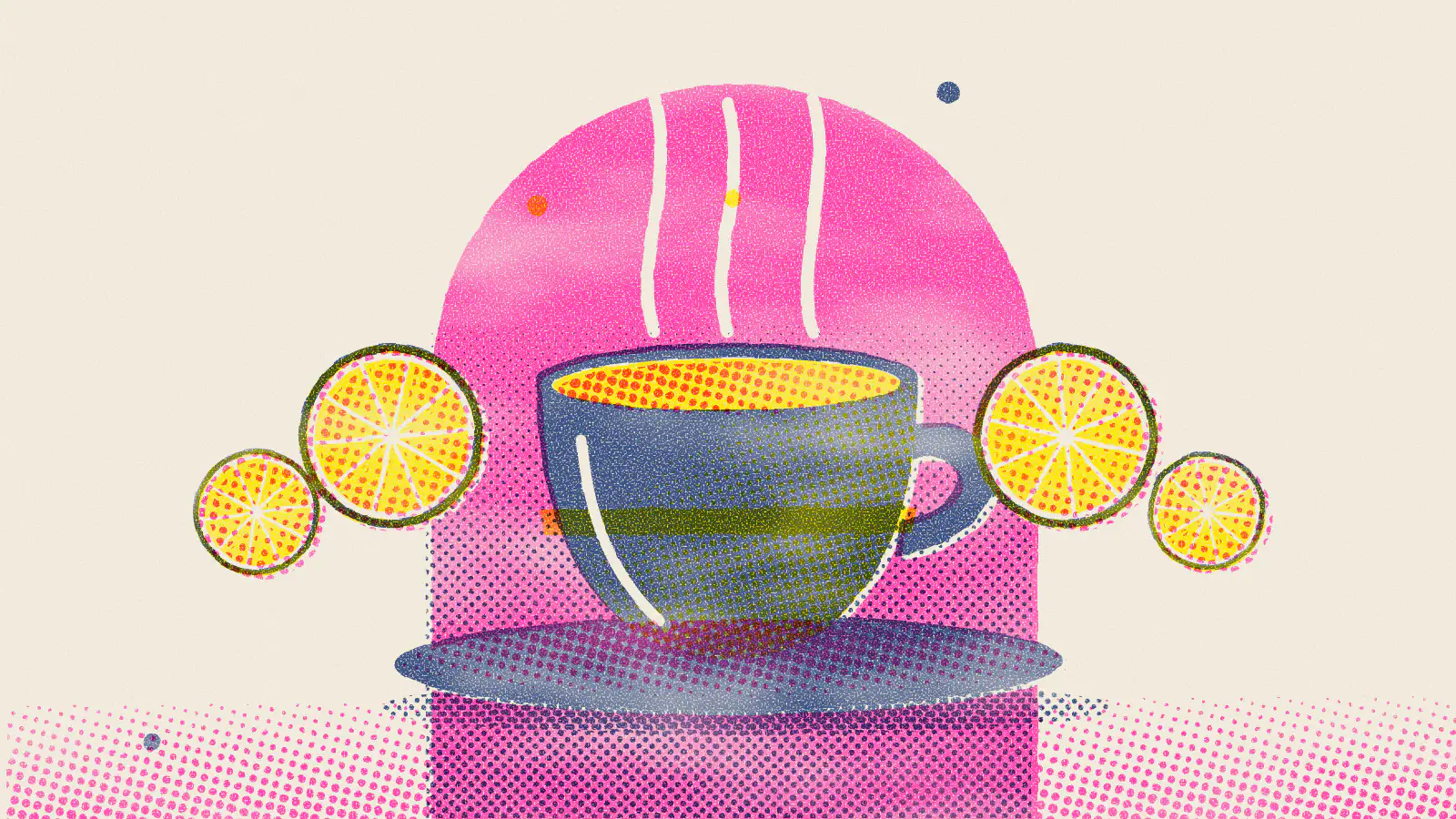 Risograph-style illustration: Green Tea With Lemon: Benefits, Downsides and How to Make It