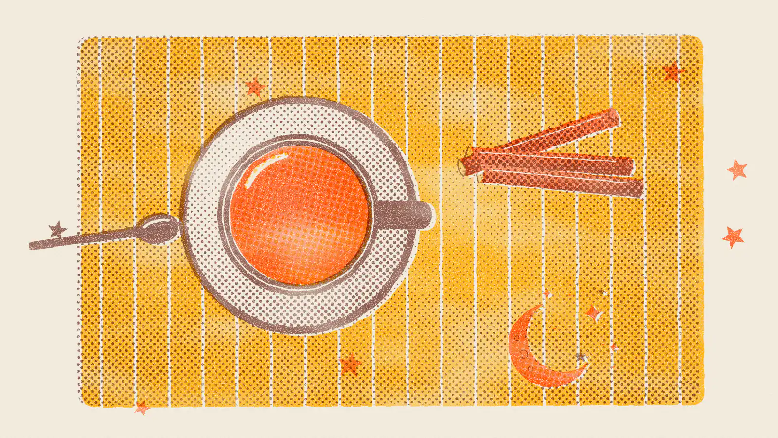 Risograph-style illustration: Benefits of Cinnamon Tea Before Bed, Weight Loss and More