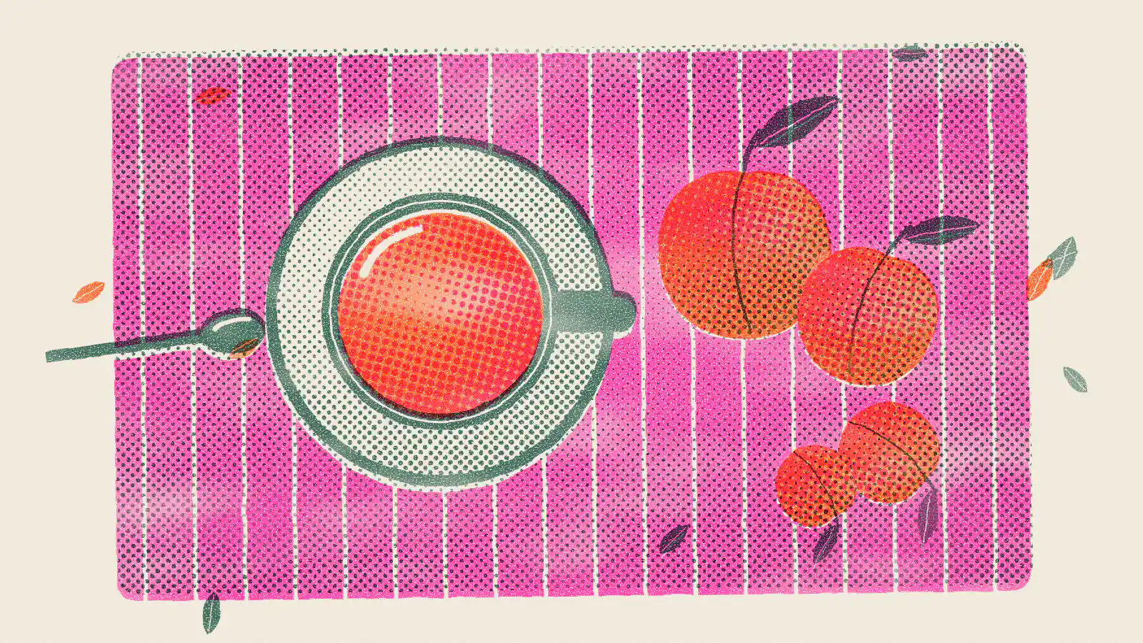 Risograph-style illustration: Benefits of Peach Tea: Nutrients, Taste and Precautions