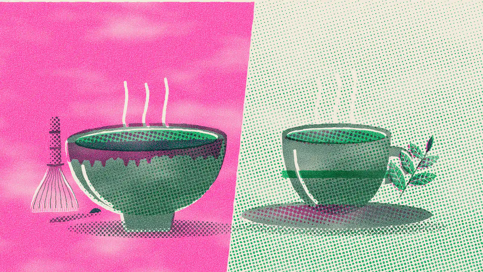 Risograph-style illustration: Best Matcha Powder: Ceremonial vs. Culinary Grade