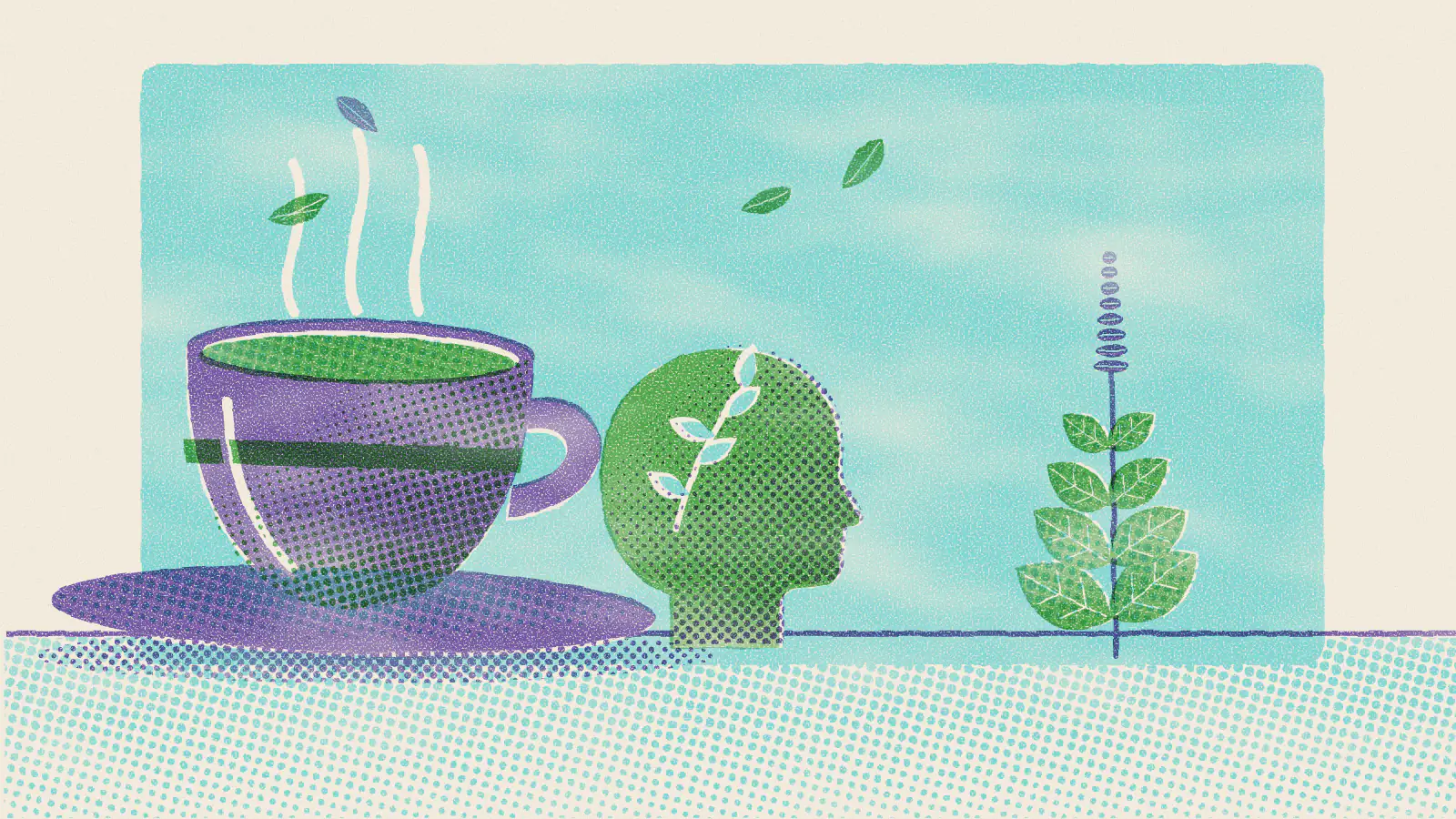 Risograph-style illustration: Best Tea for Stress and Depression: 12 Top Picks