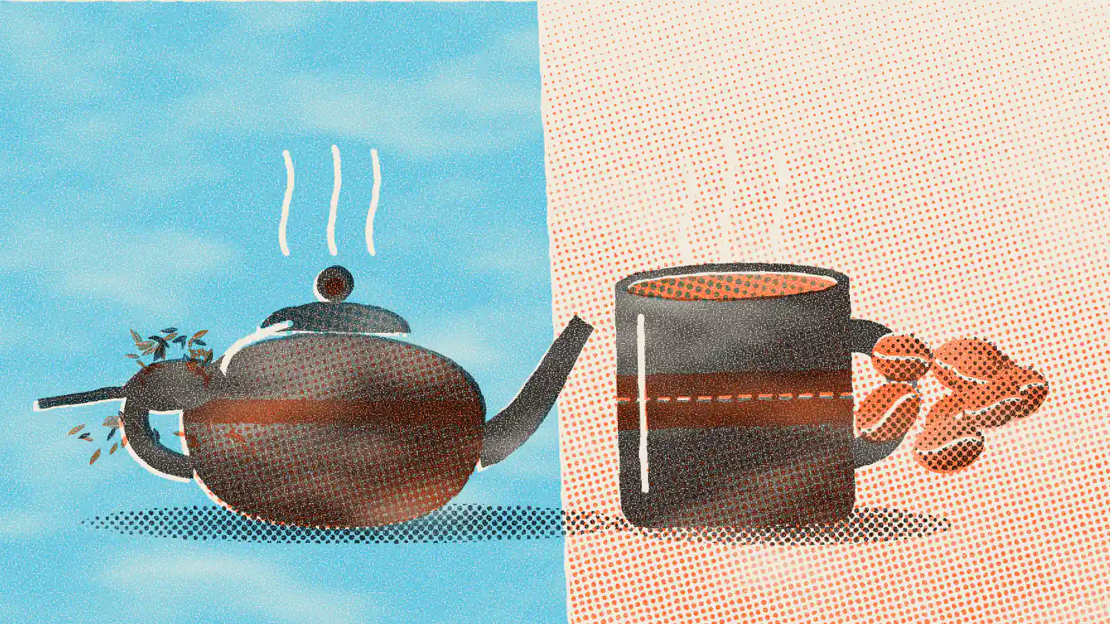 Risograph-style illustration: Black Tea vs Black Coffee: Caffeine, Benefits, Differences