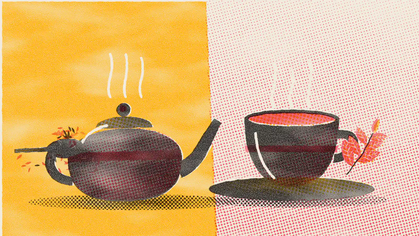 Risograph-style illustration: Black Tea vs Green Tea: Difference, Taste and Caffeine
