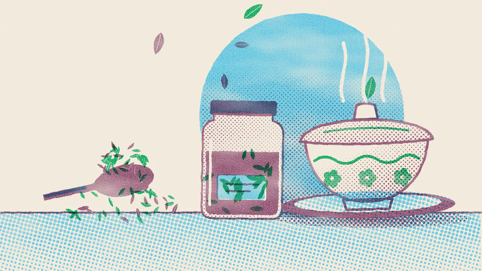 Risograph-style illustration: Blue Tea Benefits and Side Effects (Oolong Tea Guide)
