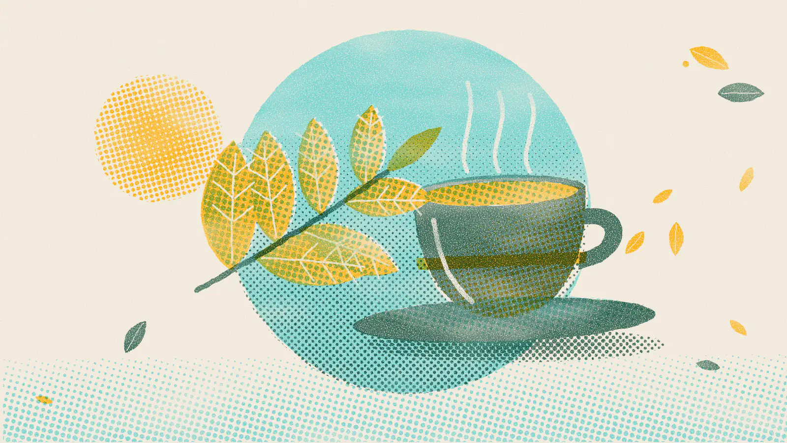 Risograph-style illustration: Is Caffeine-Free Tea Really Caffeine-Free?
