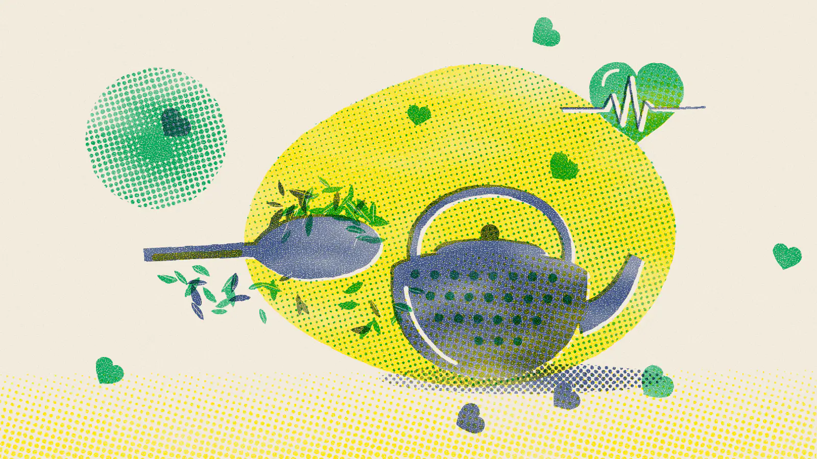 Risograph-style illustration: Can Green Tea Cause Heart Palpitations?