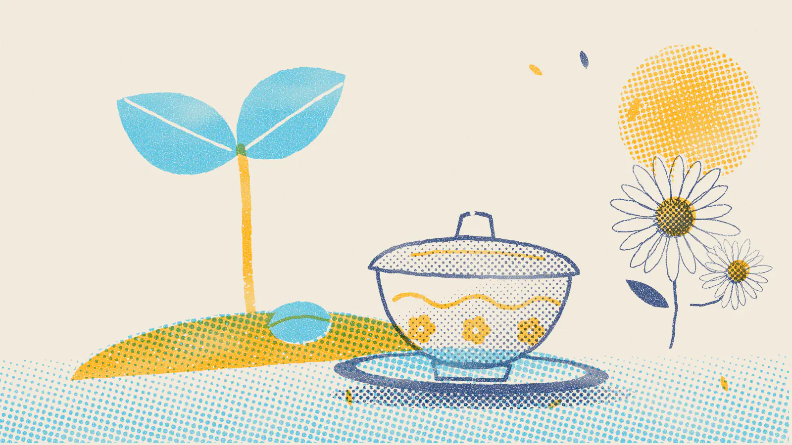Risograph-style illustration: Does Chamomile Tea Help Babies With Constipation?