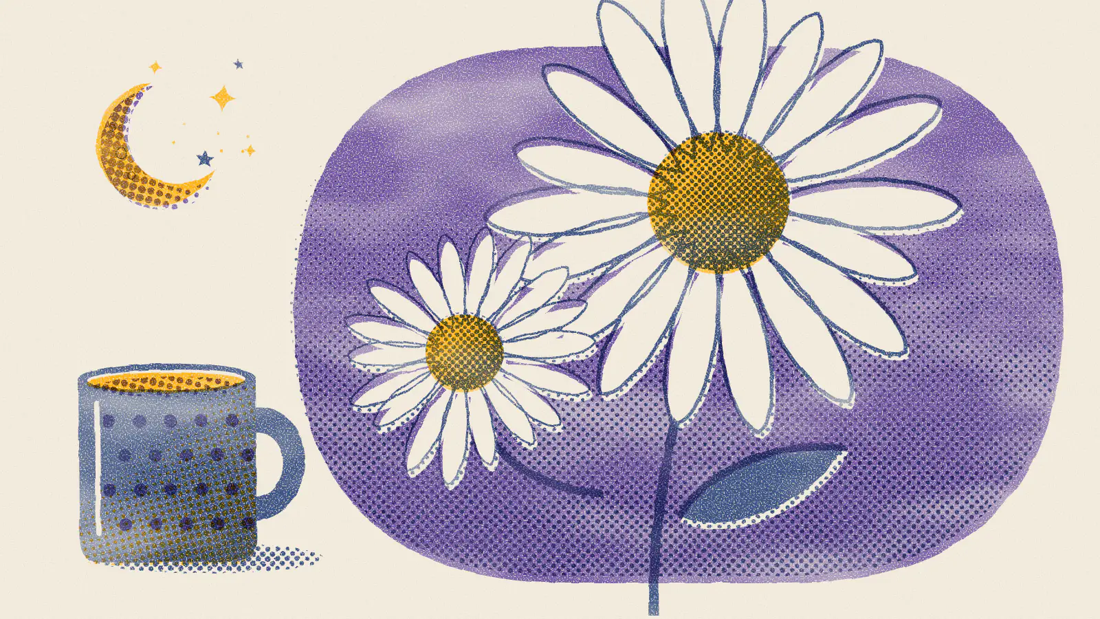 Risograph-style illustration: Chamomile Tea With Honey: Benefits for Colds and Sleep