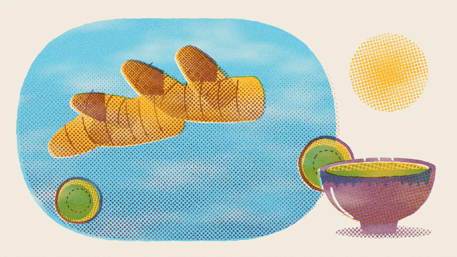 Risograph-style illustration: Ginger Turmeric Tea: Benefits, How to Make It, Precautions
