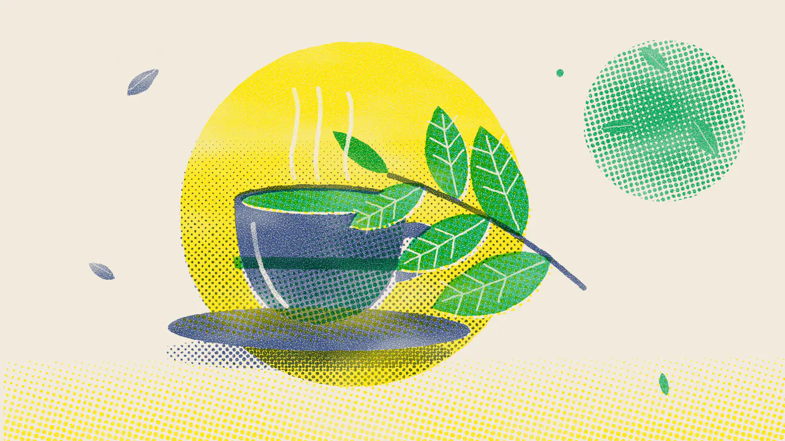 Risograph-style illustration: Is It Bad to Drink Green Tea at Night? What to Know
