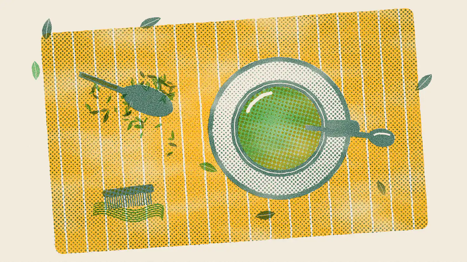 Risograph-style illustration: 10 Green Tea Benefits for Skin and Hair