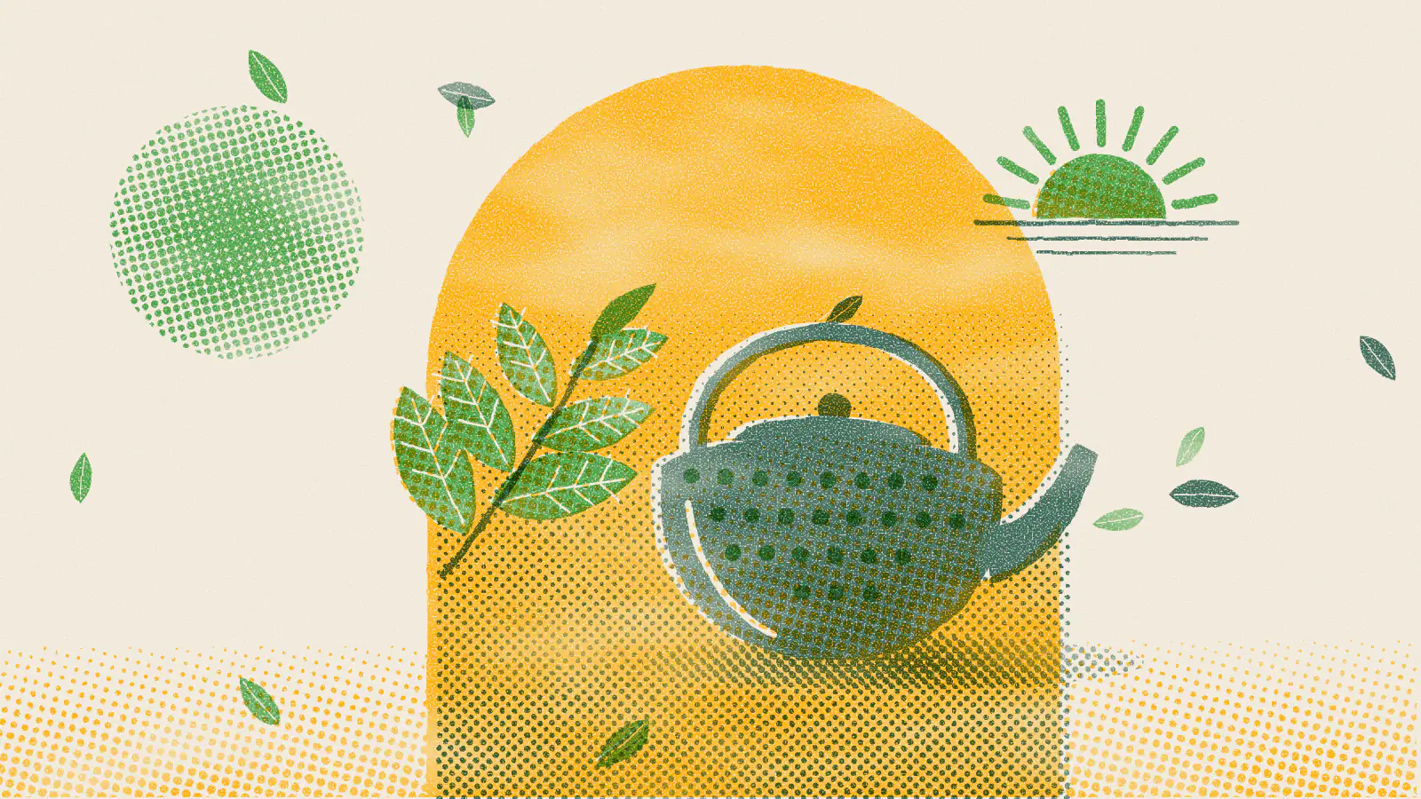 Risograph-style illustration: Is Drinking Green Tea on an Empty Stomach Good for You?