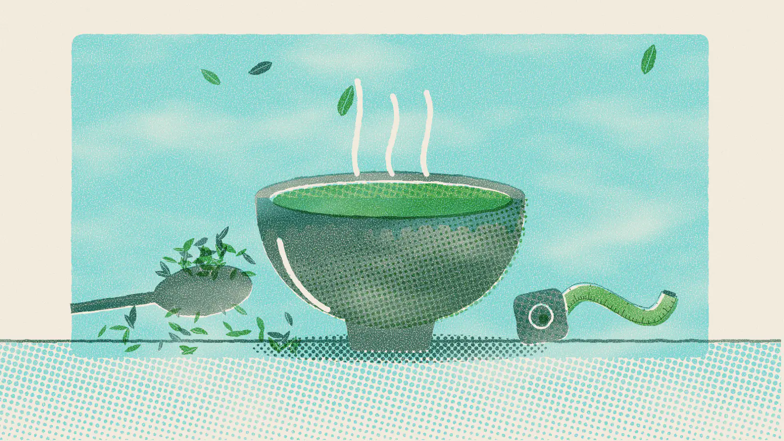 Risograph-style illustration: Gunpowder Green Tea Benefits: Weight Loss, Energy & More