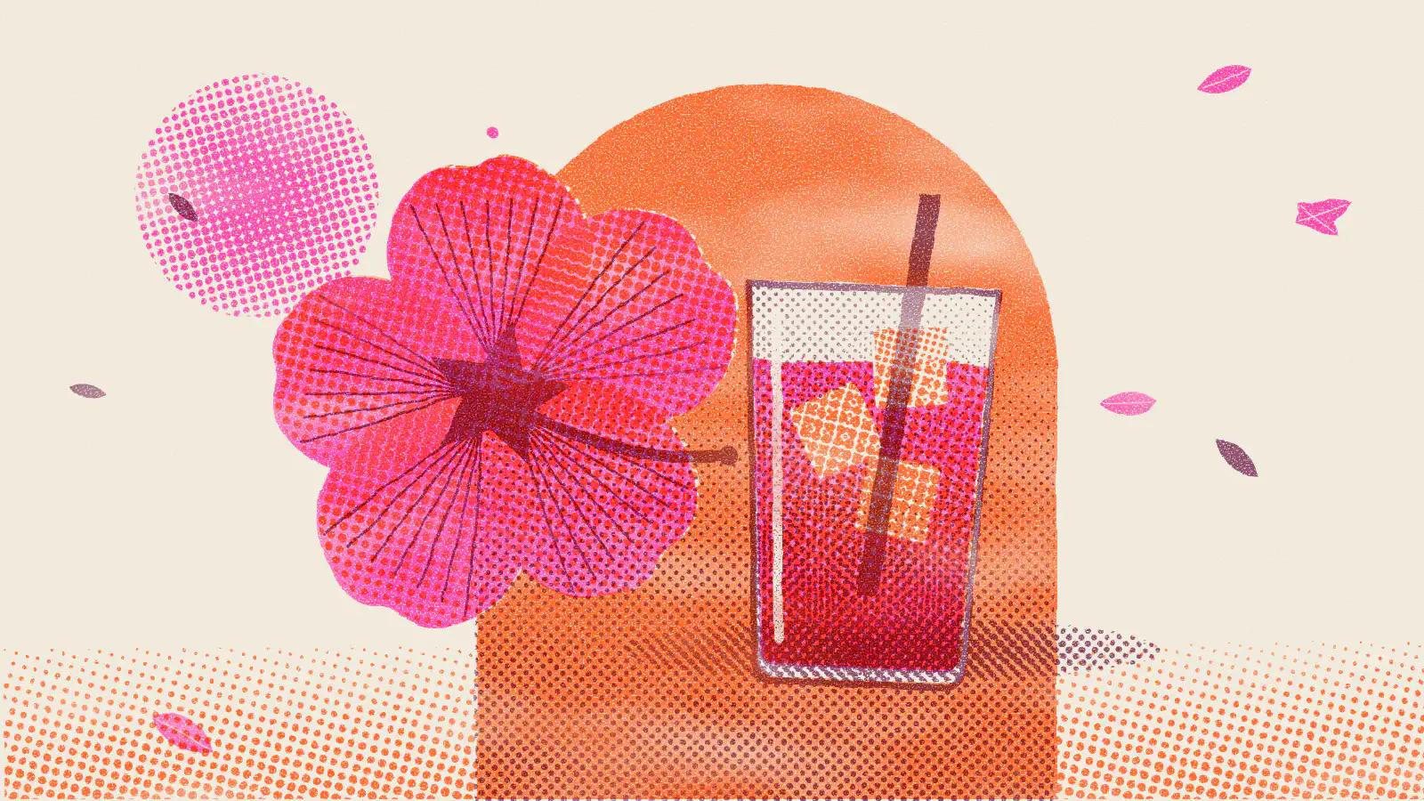 Risograph-style illustration: Hibiscus Tea for Skin: Benefits and How to Use It