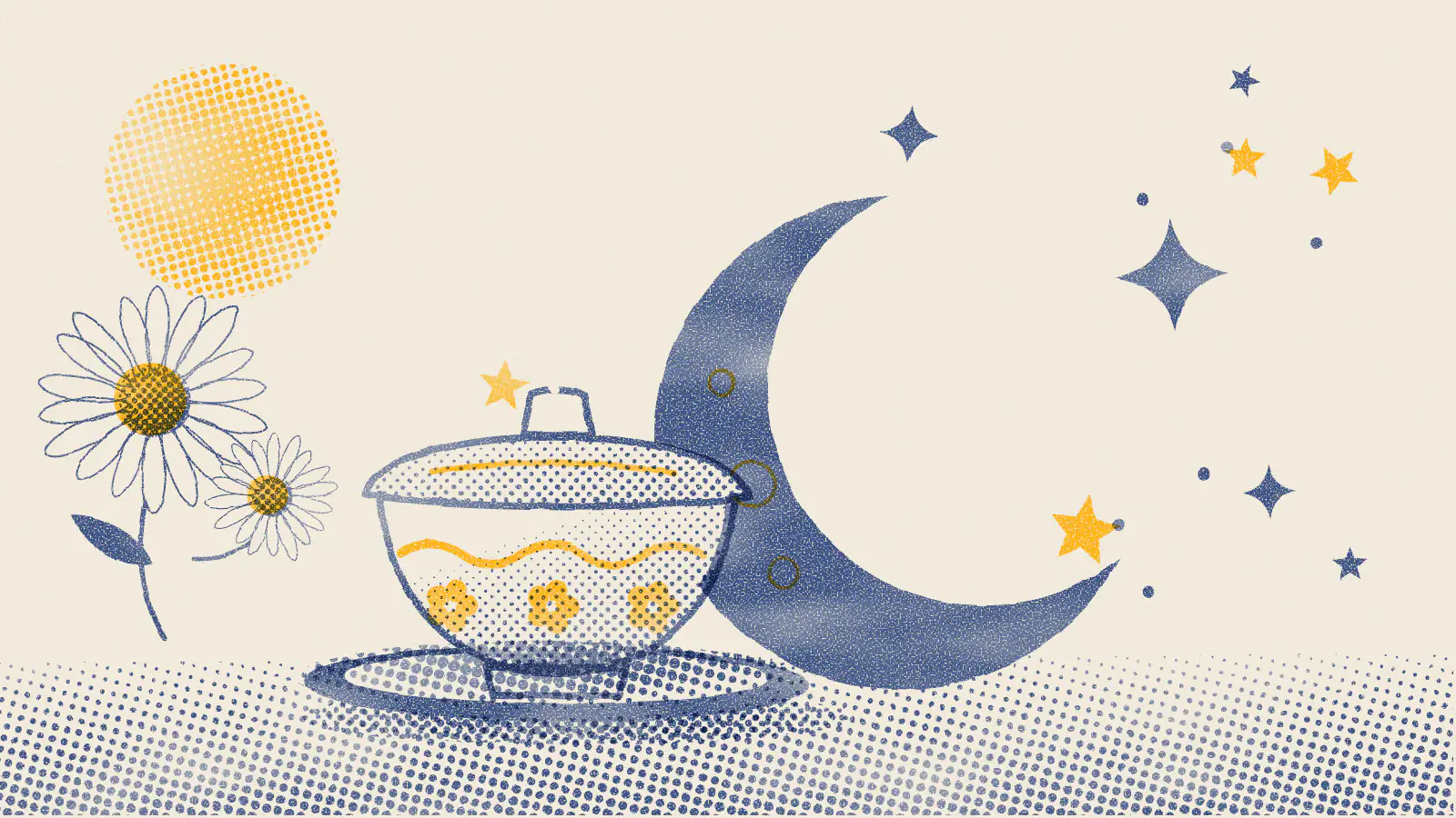 Risograph-style illustration: How to Make Chamomile Tea for Sleep (Simple Recipe)