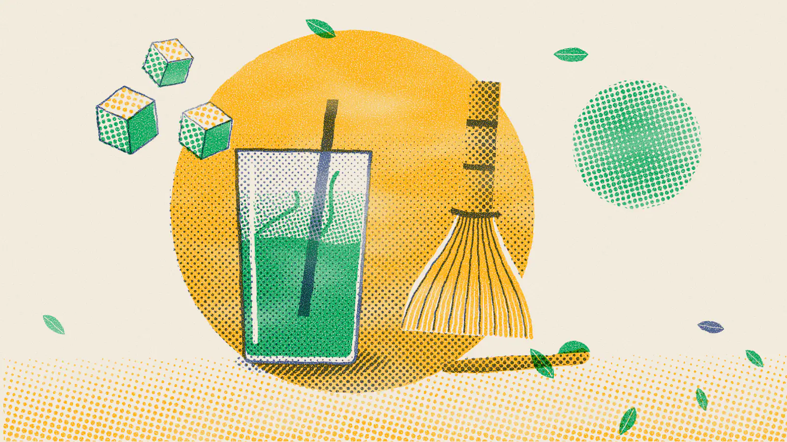 Risograph-style illustration: How to Make an Iced Matcha Green Tea Latte at Home