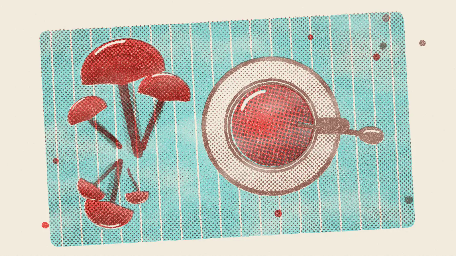 Risograph-style illustration: How to Make Mushroom Tea: Reishi, Chaga and Ashwagandha