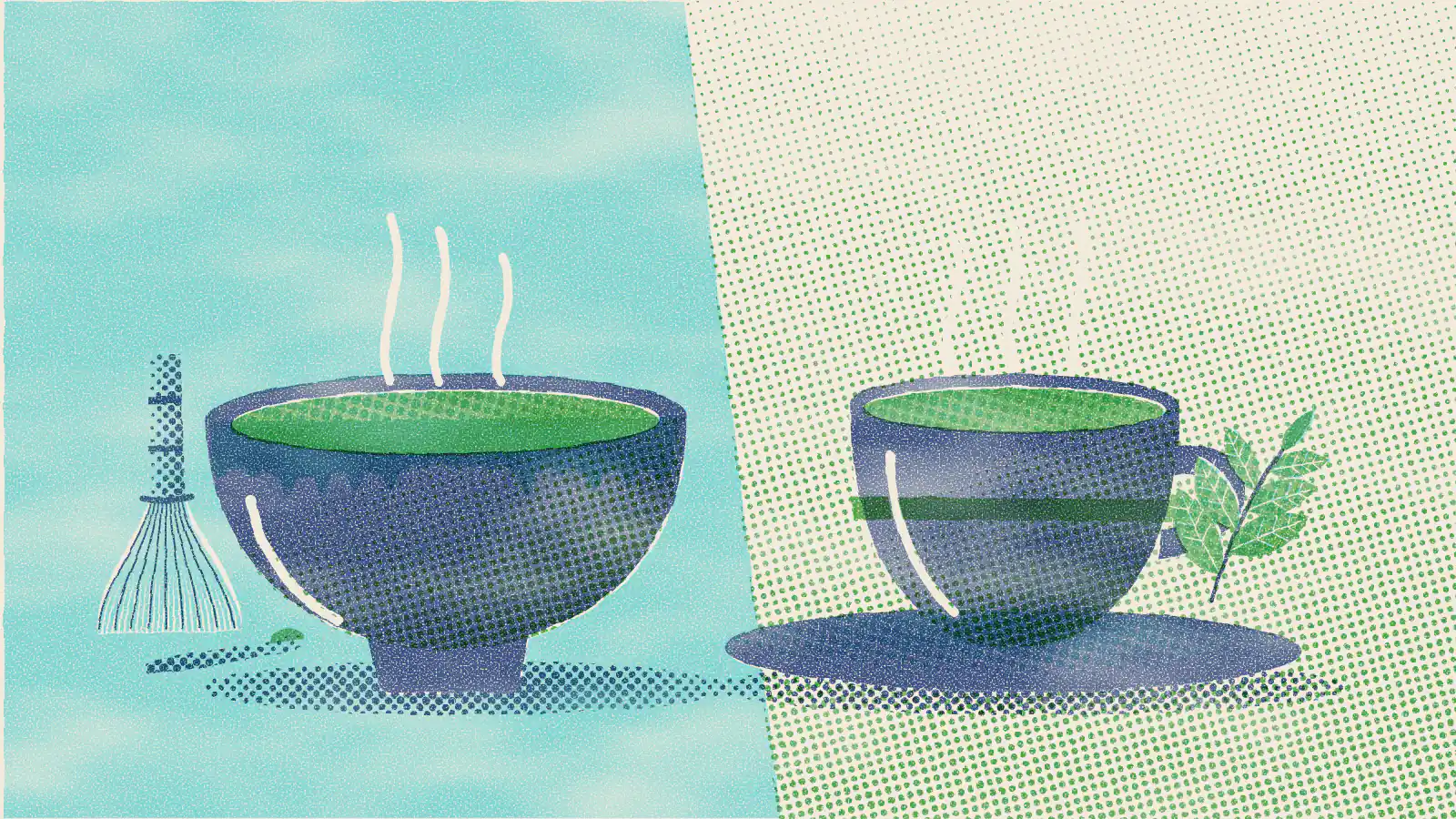 Risograph-style illustration: Is Matcha and Green Tea the Same Thing? Key Differences