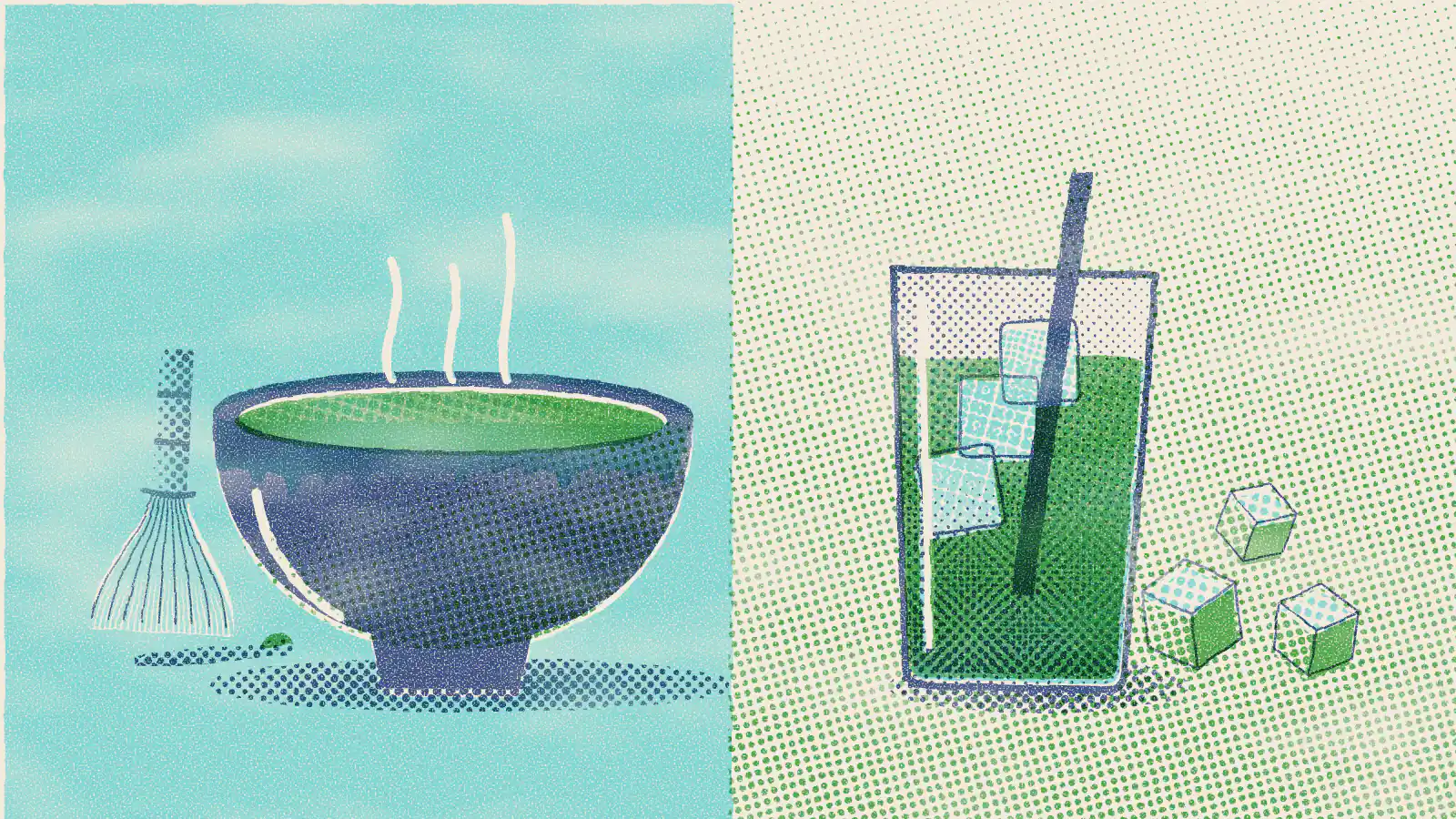 Risograph-style illustration: Is Matcha Healthier Hot or Cold? What to Know