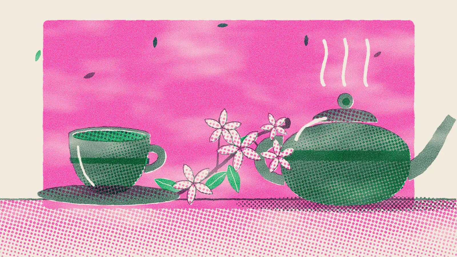 Risograph-style illustration: Jasmine Green Tea Benefits, Caffeine and Precautions