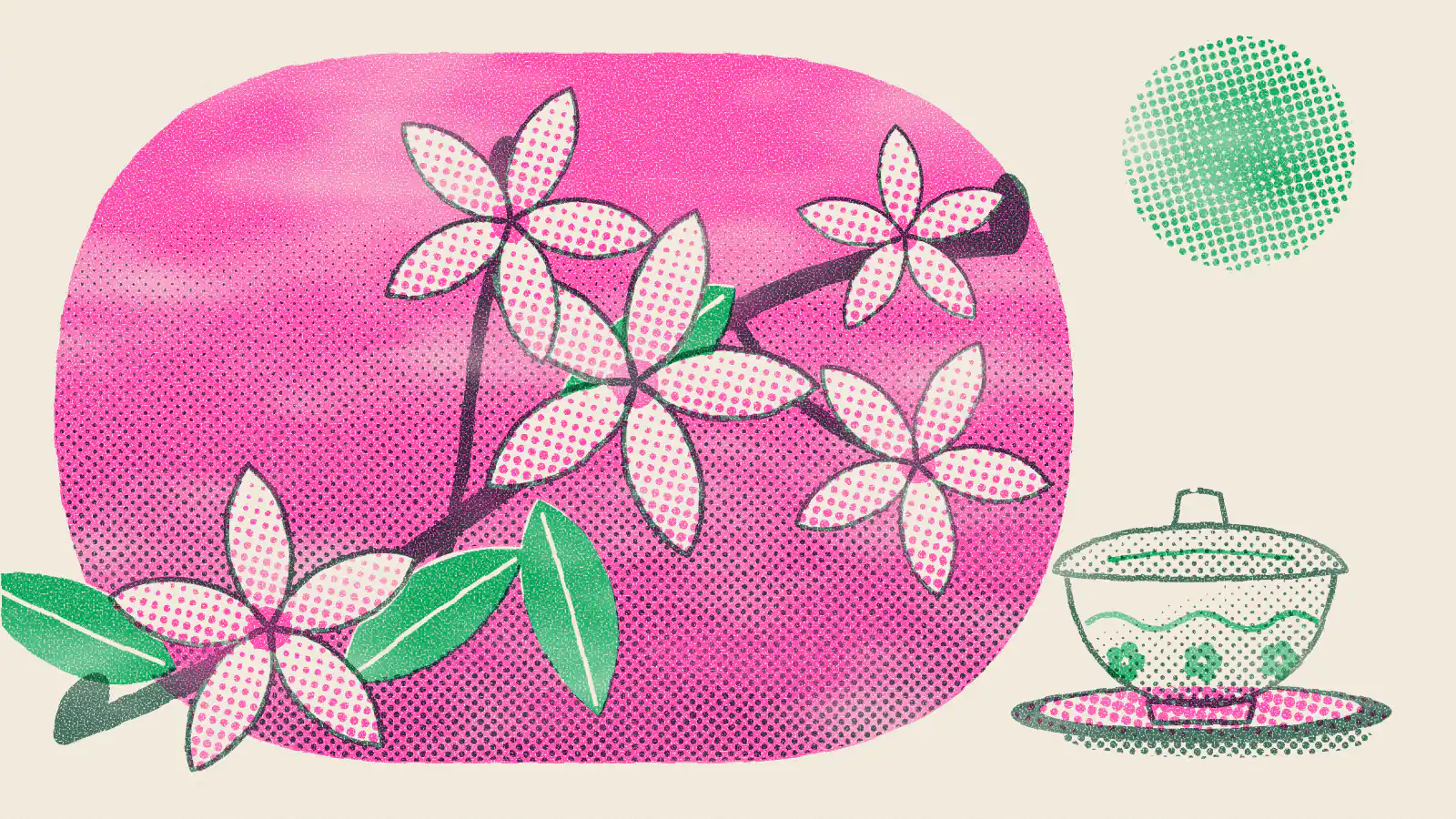 Risograph-style illustration: Jasmine Oolong Tea: Benefits, Caffeine and How to Brew It