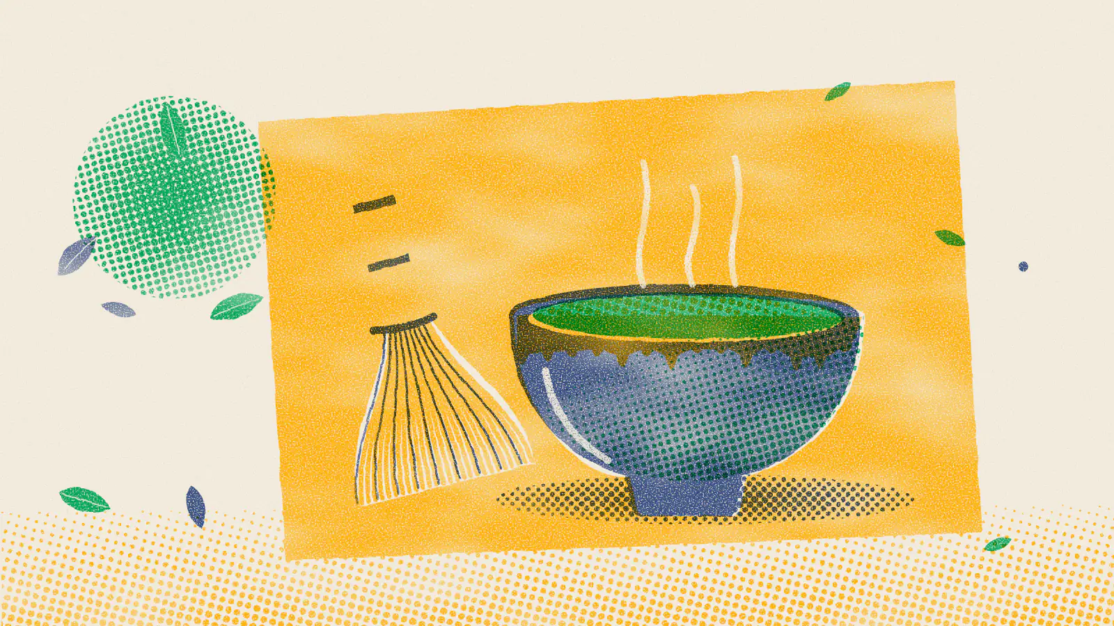 Risograph-style illustration: Matcha Tea Benefits: A Healthy Boost for Mind and Body