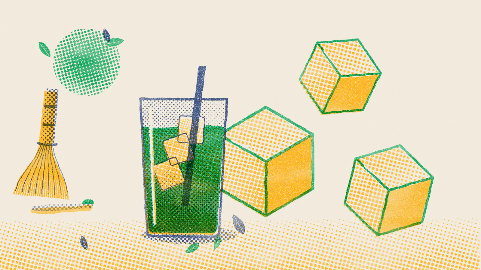 Risograph-style illustration: Matcha Lemonade Recipe: Layered, Iced or Sparkling