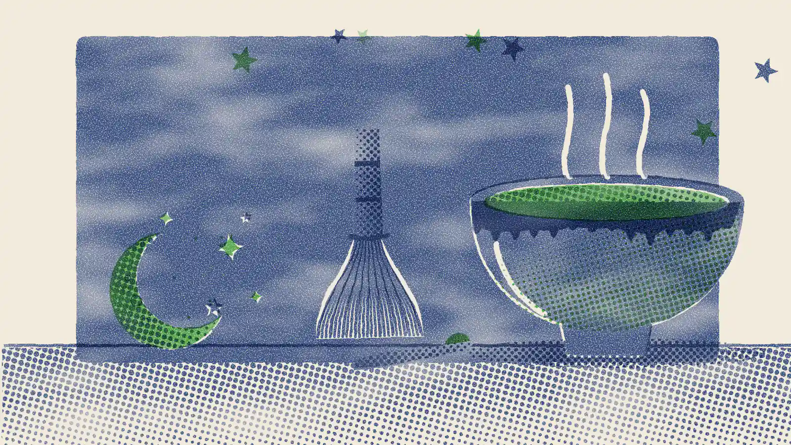 Risograph-style illustration: Matcha Overnight Oats: Easy Recipe + 3 Variations