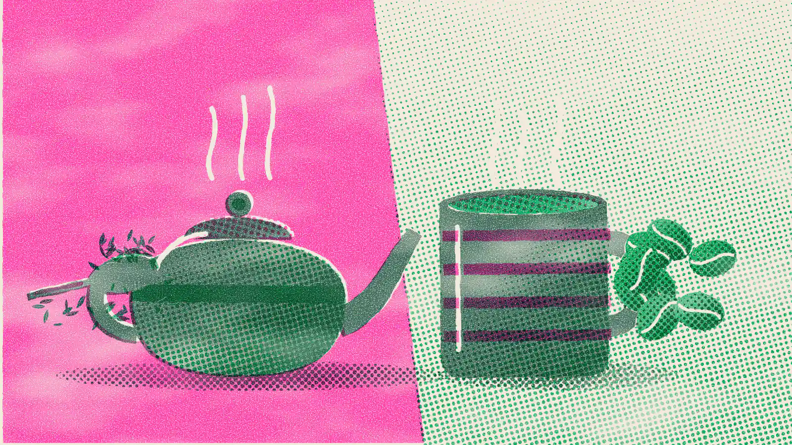 Risograph-style illustration: Matcha vs Coffee: Caffeine, Cost and Which One to Drink