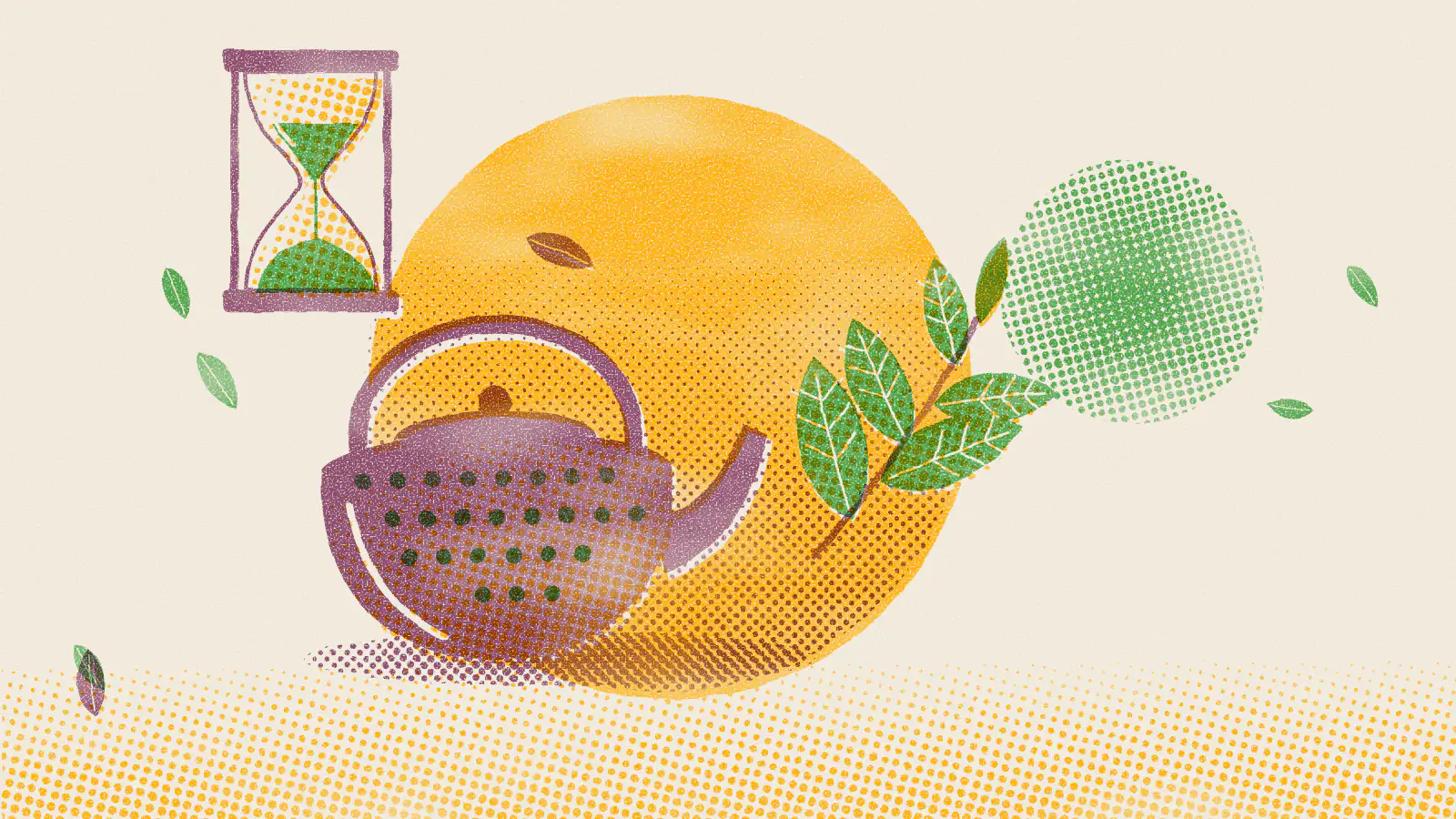 Risograph-style illustration: Tea Steeping Chart: Times and Temperatures by Type