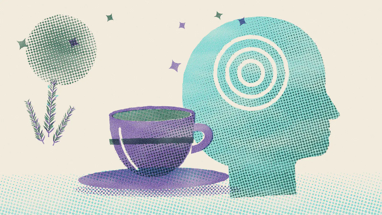 Risograph-style illustration: 12 Best Teas for Energy and Focus