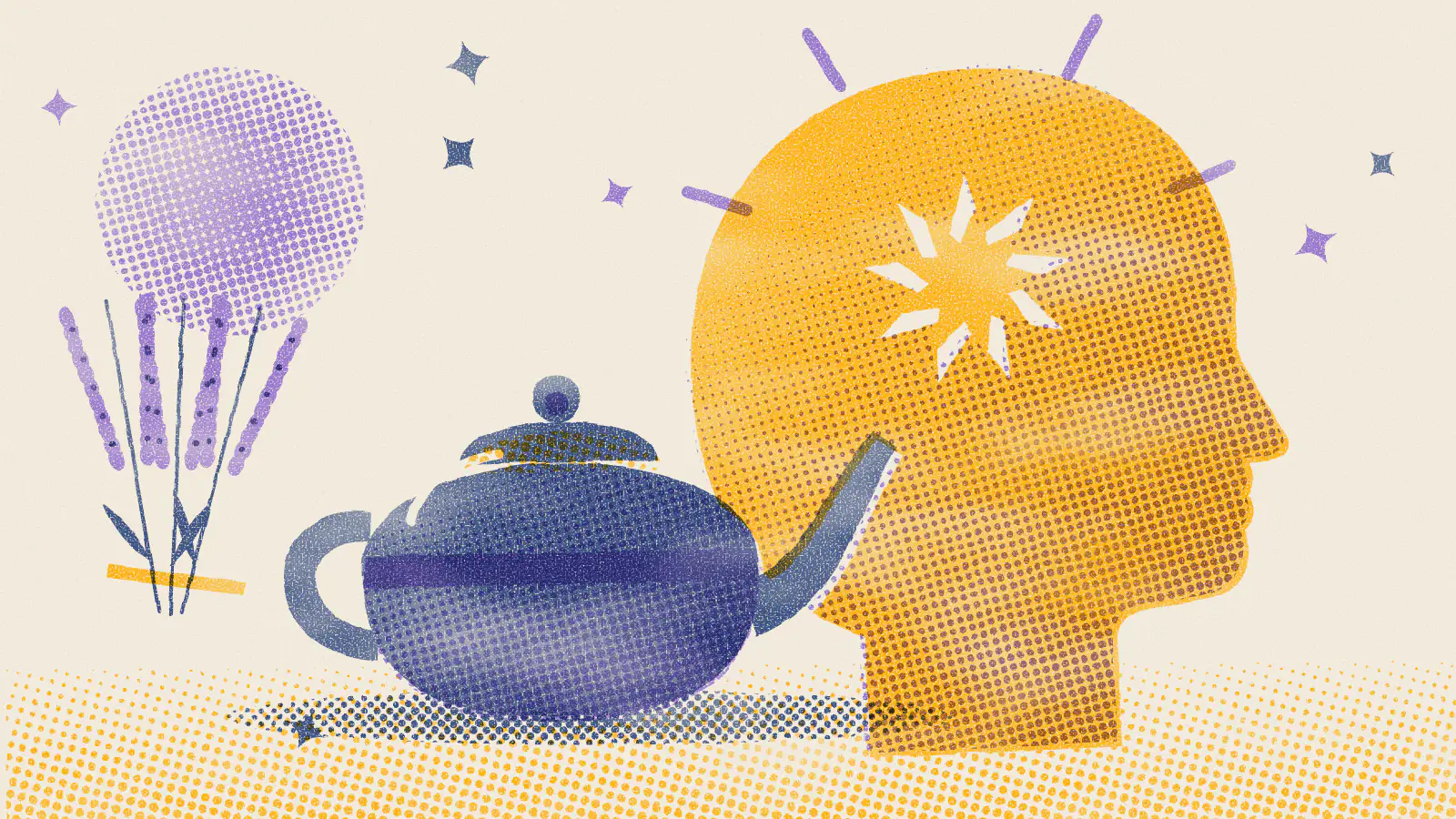 Risograph-style illustration: Teas for Migraines: 7 Options That May Bring Relief