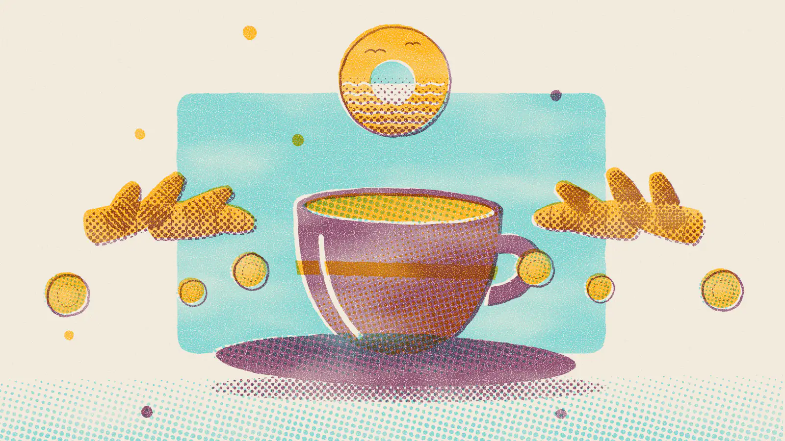 Risograph-style illustration: Best Teas for Nausea: Ginger, Peppermint and More