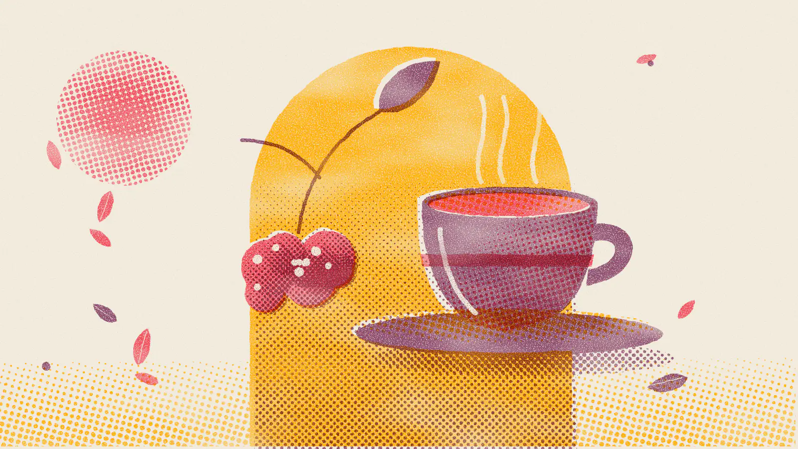 Risograph-style illustration: Rose Tea Benefits: A Fragrant, Soothing Herbal Brew