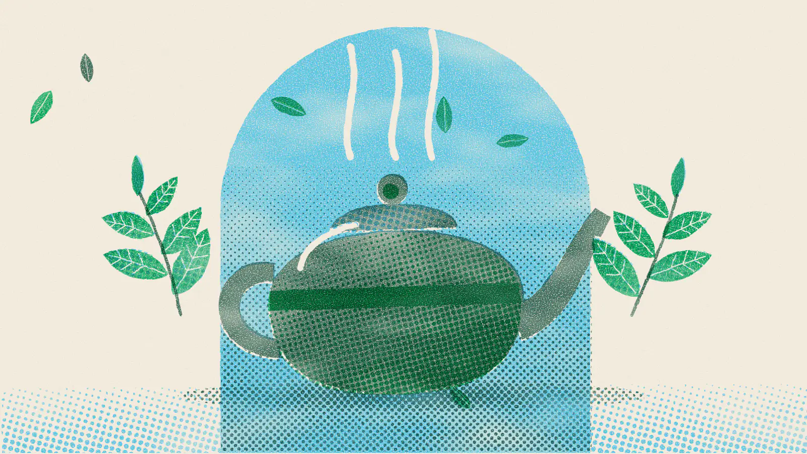 Risograph-style illustration: Types of Green Tea: Varieties, Flavors and Benefits