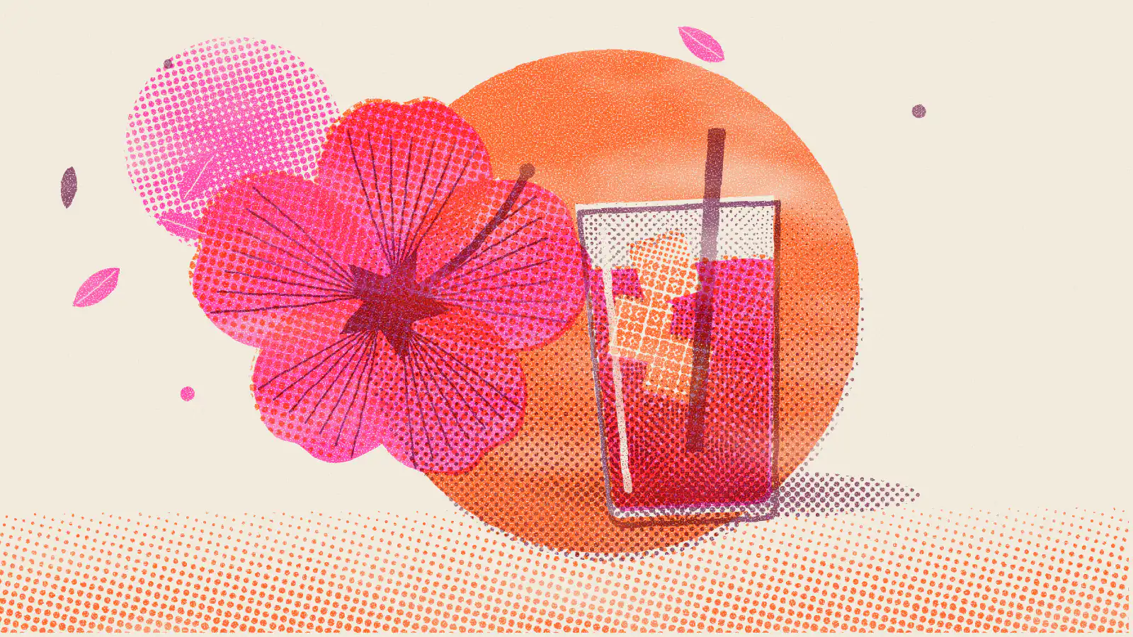 Risograph-style illustration: 5 Surprising Health Benefits of Hibiscus Tea