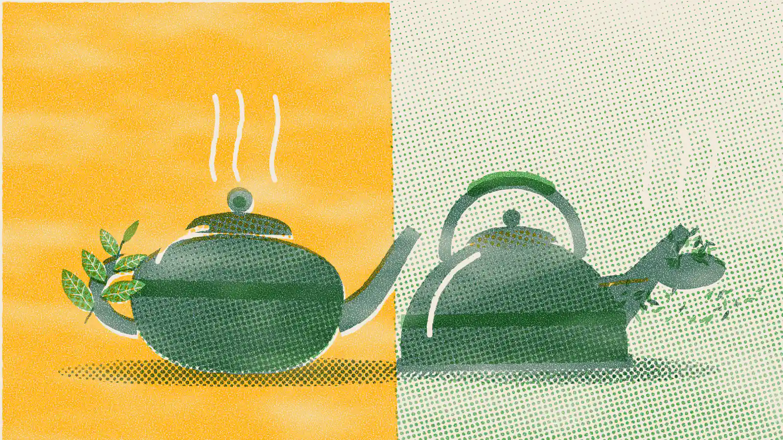 Risograph-style illustration: Teapot vs. Tea Kettle: What's the Difference?