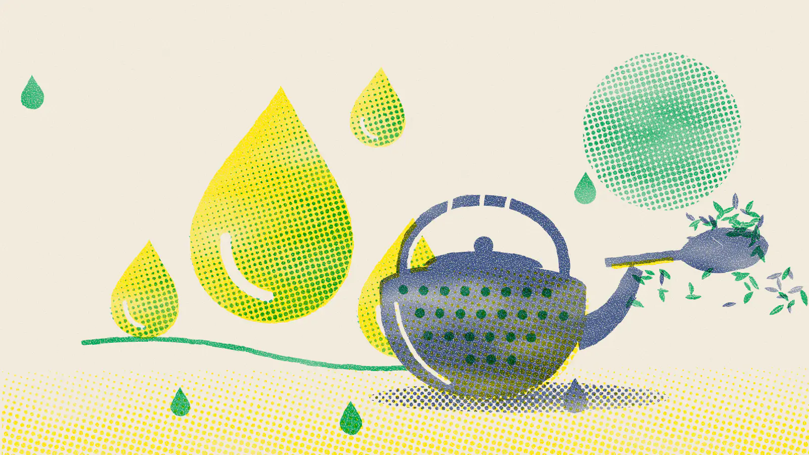 Risograph-style illustration: Green Tea and Kidney Stones: What's the Connection?