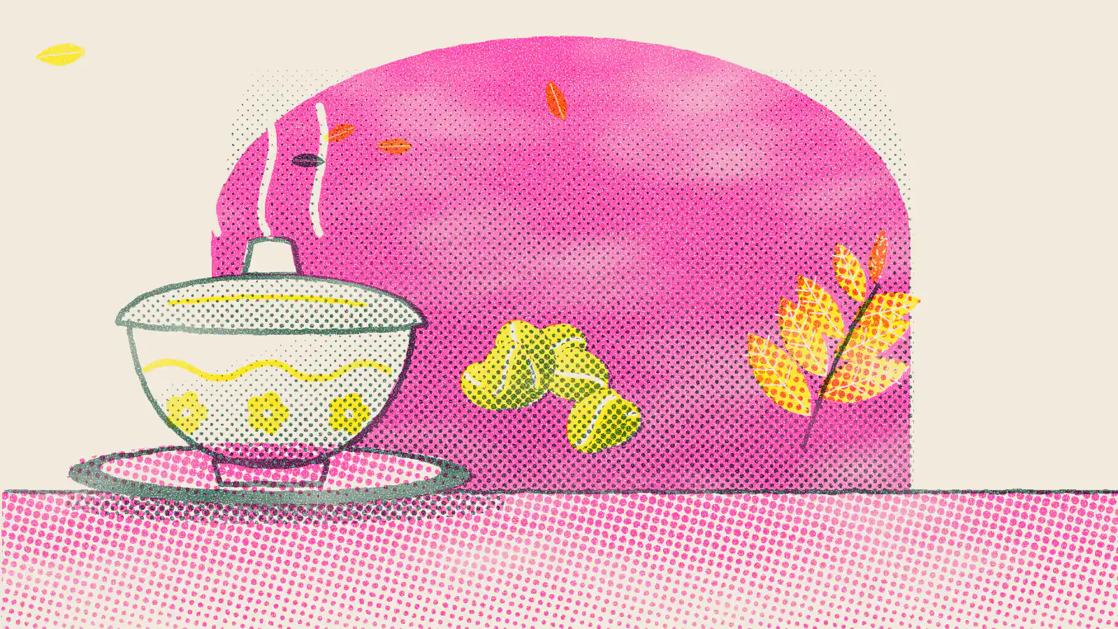 Risograph-style illustration: White Tea Caffeine Content: An Easy Guide